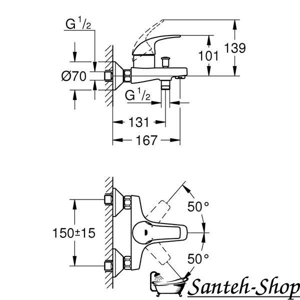 Baterie de baie GROHE Start Curve, montată pe perete 23768000 23768000 foto