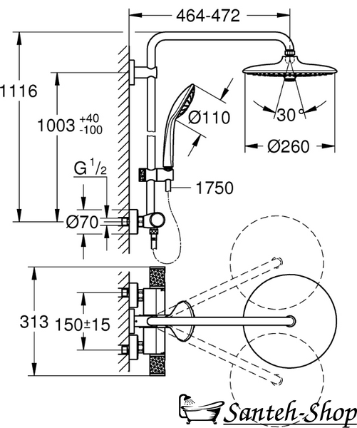 Sistem de dus GROHE EUPHORIA 27296003 260 cu termostat crom 27296003 foto