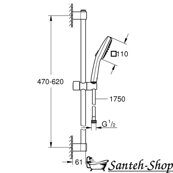 Set de duș GROHE Tempesta 267482433 Cube 110, 2 moduri de pulverizare, șină de duș 600 mm, 7,4 l/min, negru 267482433 foto