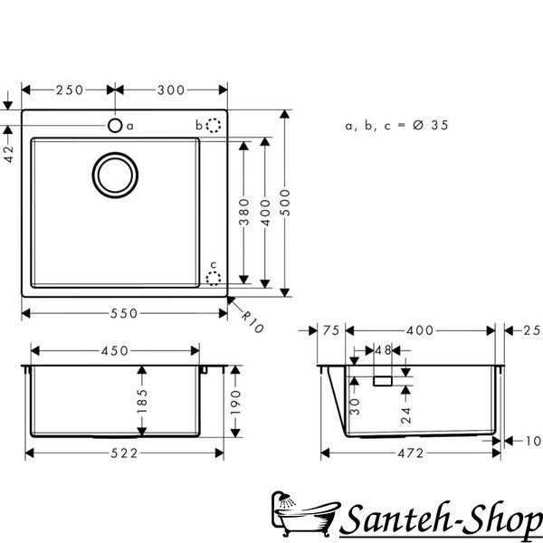 Кухонная мойка Hansgrohe S711-F450 550х500 на столешницу, Stainless Steel (43301800) 43301800 фото