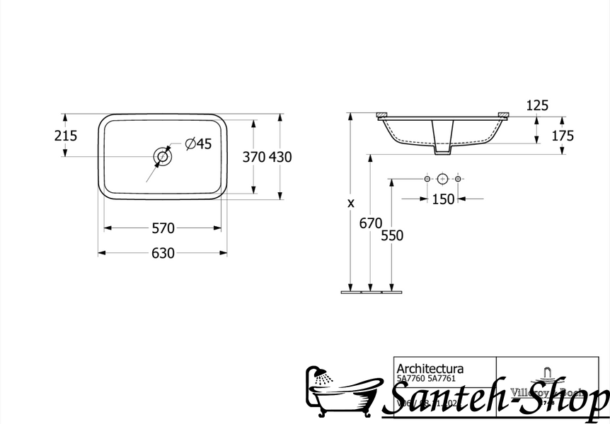 Умывальник VILLEROY & BOCH ARCHITECTURA 5A776001 под столешницу 5A776001 фото