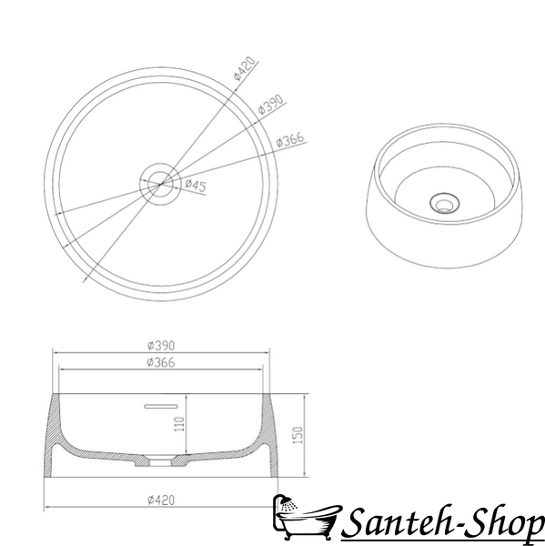 Умывальник накладной, каменный круглый Volle Solid surface 420*150 mm 13-40-468 13-40-468 фото