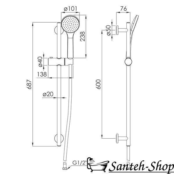 Set de duș IMPRESE f03800102AA (cap de duș cu 1 mod, tijă de 687 mm, furtun PVC de 1500 mm) nichel f03800102AA foto