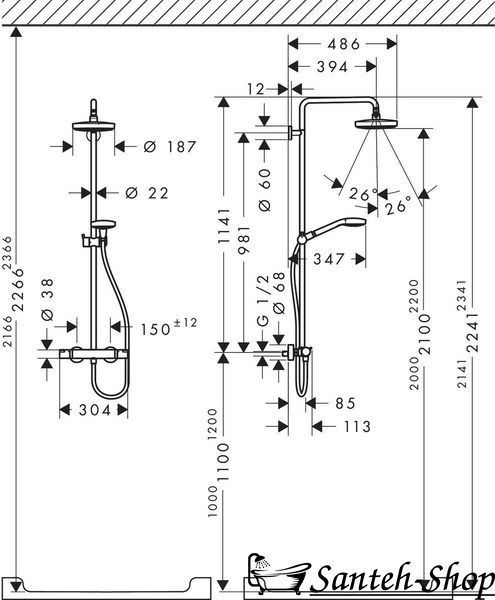 Душевая система Hansgrohe Croma Select S 180 2jet Showerpipe с термостатом, хром/белый (27253400) 27253400 фото