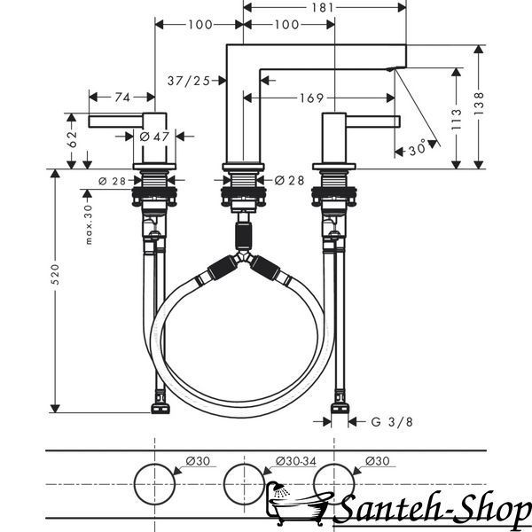 Hansgrohe Finoris 110 Baterie de lavoar cu 3 orificii cu picior de apăsare, negru mat (76033670) 76033670 foto