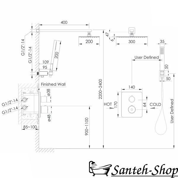 Душевая система IMPRESE GRAFIKY ZMK0424070482 скрытого монтажа (термостат 2-F, душ 300*200 мм, лейка сток 1 режим, шланг 1500 мм SS), черный никель ZMK0424070482 фото