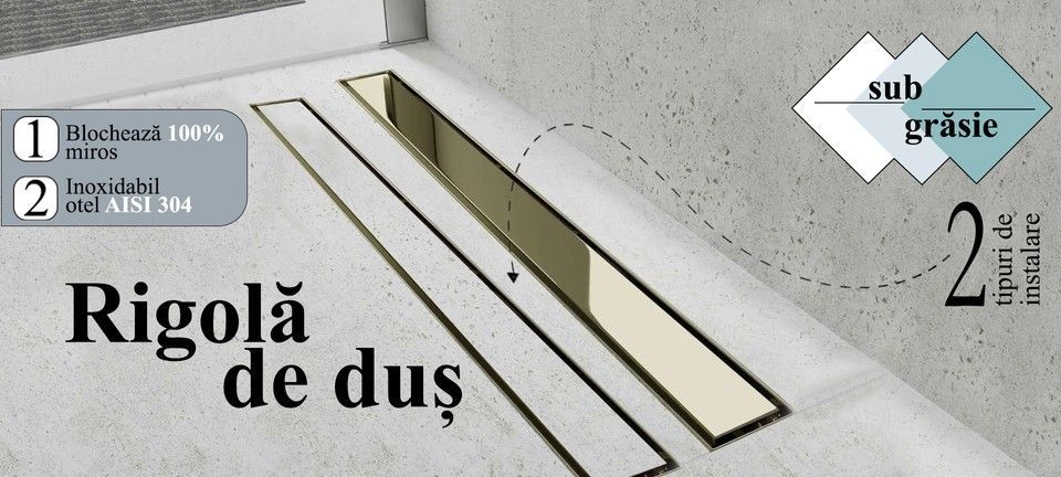 Rigola de dus sub plăci în catalogul santeh-shop.md (Chișinău, Moldova): rigole de dus liniare 600–1200 mm, modele punctuale 125x125 mm. Cumpărați sisteme cu o capacitate de 24–60 l/min, grile din oțel inoxidabil și carcase din ABS