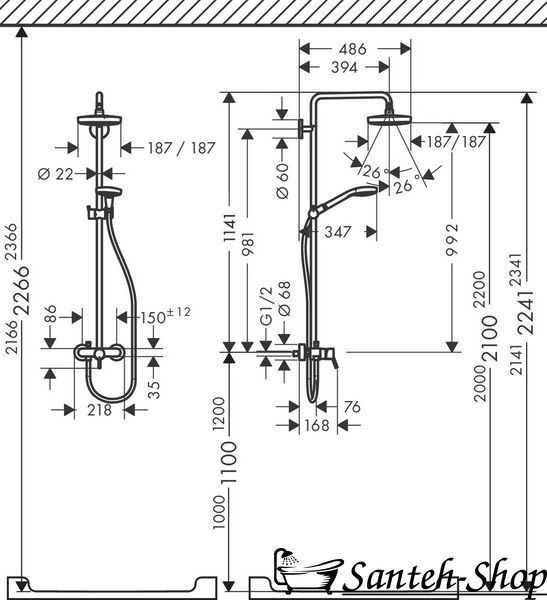 Душевая система Hansgrohe Croma E Showerpipe Select 180 2jet Showerpipe со смесителем, хром/белый (27258400) 27258400 фото