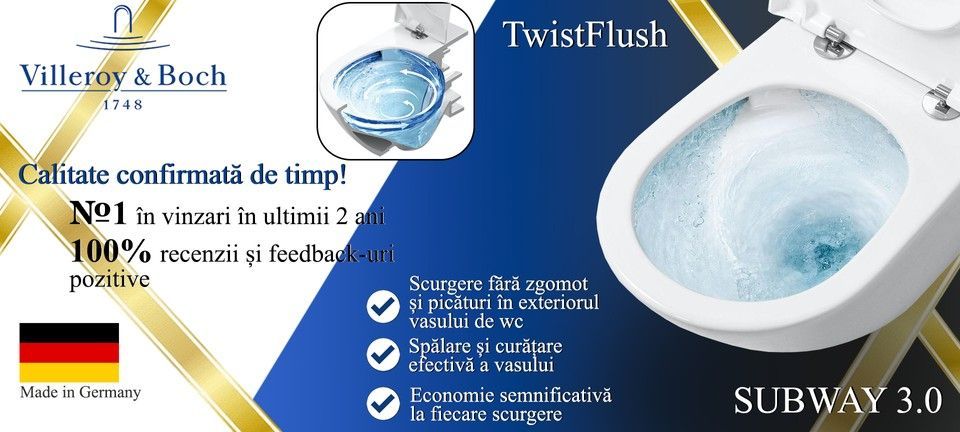 WC suspendat Villeroy & Boch Subway 3.0 fără ramă cu sistem de spălare TwistFlush în magazinul online (Chișinău, Moldova). Cumpărați modelul 4670TS01 cu scaun Soft Close – calitate germană cu tehnologie AquaReduct și instalare ascunsă SupraFix 3.0.