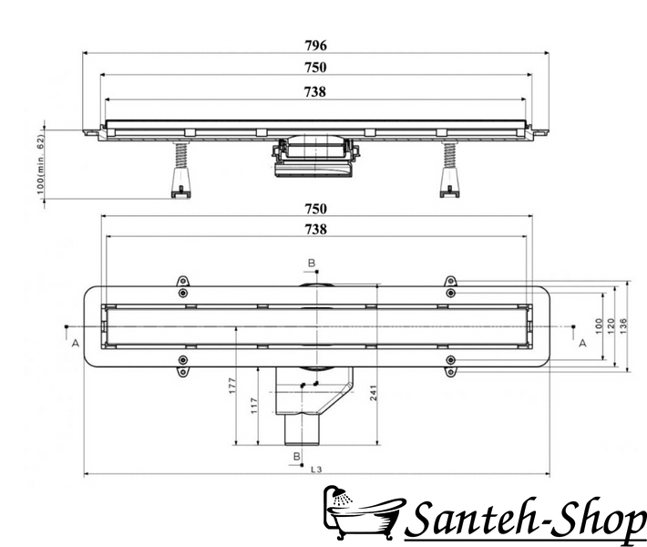 Canal de duș fără cadru Pestan Confluo Frameless Line 75 cu grătar pentru scurgere (negru mat) 13701321 13701321 foto