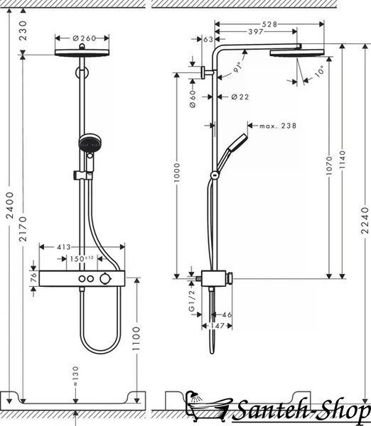 Душевая система Hansgrohe Pulsify Showerpipe 260 1jet 400 EcoSmart, Matt Black (24221670) 24221670 фото
