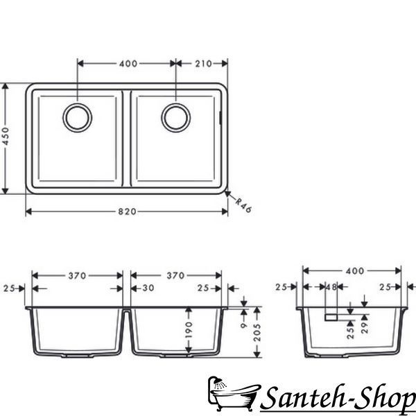 Кухонная мойка Hansgrohe S510-U770 под столешницу 820х450 на две чаши 370/370, Graphiteblack (43434170) 43434170 фото