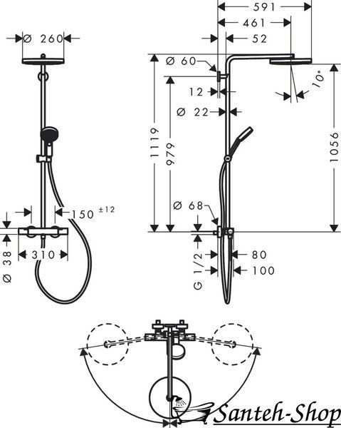 Душевая система Hansgrohe Pulsify S Puro 24237670 Showerpipe EcoSmart 260 1jet с термостатом черный матовый 24237670 фото