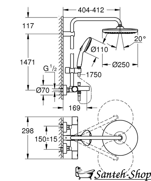 Душевая система с термостатом Grohe Tempesta 250 shower system THM bath 9,5l, хром (26672001) 26672001 фото