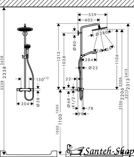 Sistem de duș Hansgrohe Croma Select S 280 RainAir 1jet Showerpipe cu termostat, crom (26790000) 26790000 foto