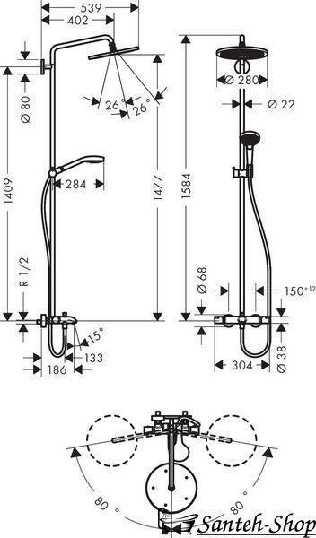 Hansgrohe Croma Select S 280 RainAir 1jet Showerpipe Sistem de duș pentru baie cu termostat, crom (26792000) 26792000 foto