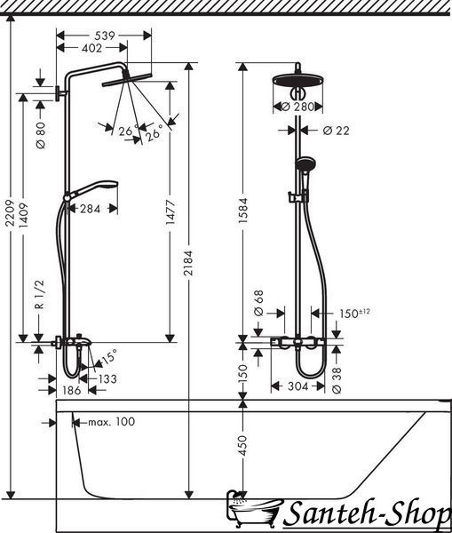 Hansgrohe Croma Select S 280 RainAir 1jet Showerpipe Sistem de duș pentru baie cu termostat, crom (26792000) 26792000 foto
