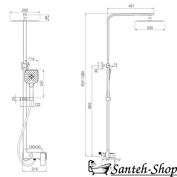 Душевая система IMPRESE VIOLIK t030B10810SQ (смеситель для ванны, душ 250*250 мм ABS, лейка 3 режима, шланг 1700 мм PVC) черный матовый t030B10810SQ фото