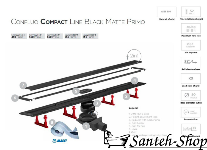 Трап для душа Pestan Confluo Compact Line 75 см (чёрный матовый) 13702525 13702525 фото