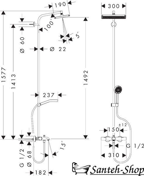 Sistema de duș HANSGROHE ACTIVERA Q 28753000 290/180 1jet EcoSmart cu termostat pentru cadă, crom 28753000 foto