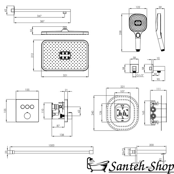 Душевая система IMPRESE BILOVEC t04800910SBC Click скрытого монтажа (термостат 3 функции, душ 320*210 мм ABS, лейка 3 режима, излив, шланг 1500 мм PVC) черный матовый t04800910SBC фото
